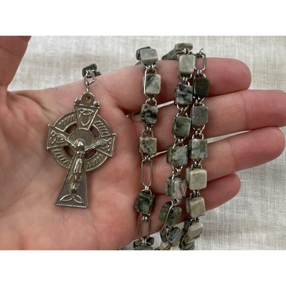 Connemara Marble Full Rosary Green Beaded Irish Celtic Cross Pendant 23" Large - Picture 2 of 10